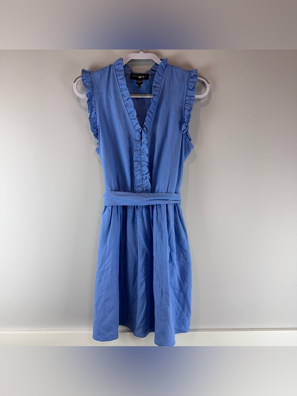 Donna Morgan Blue Ruffle Waist Tie Mini Casual Linen Blend Dress Size 8